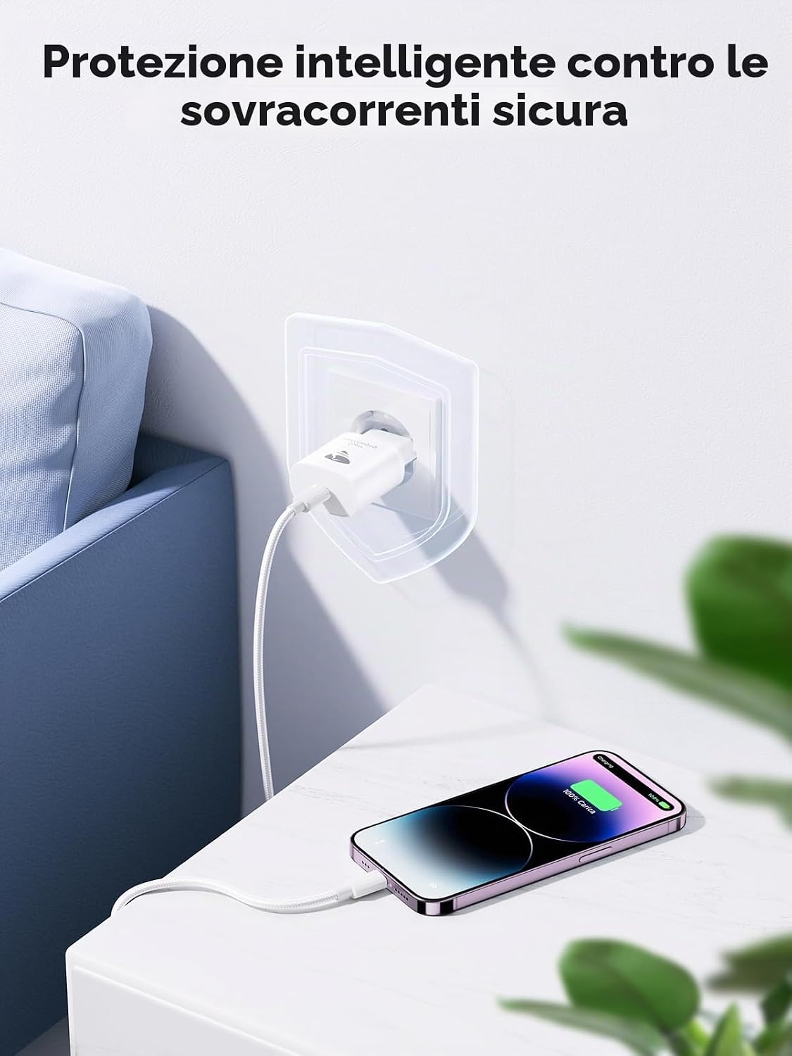 Detalle de Caricatore USB-C 20W con cavo Lightning da 2 m – Yosou, ricarica rapida per iPhone e dispositivi