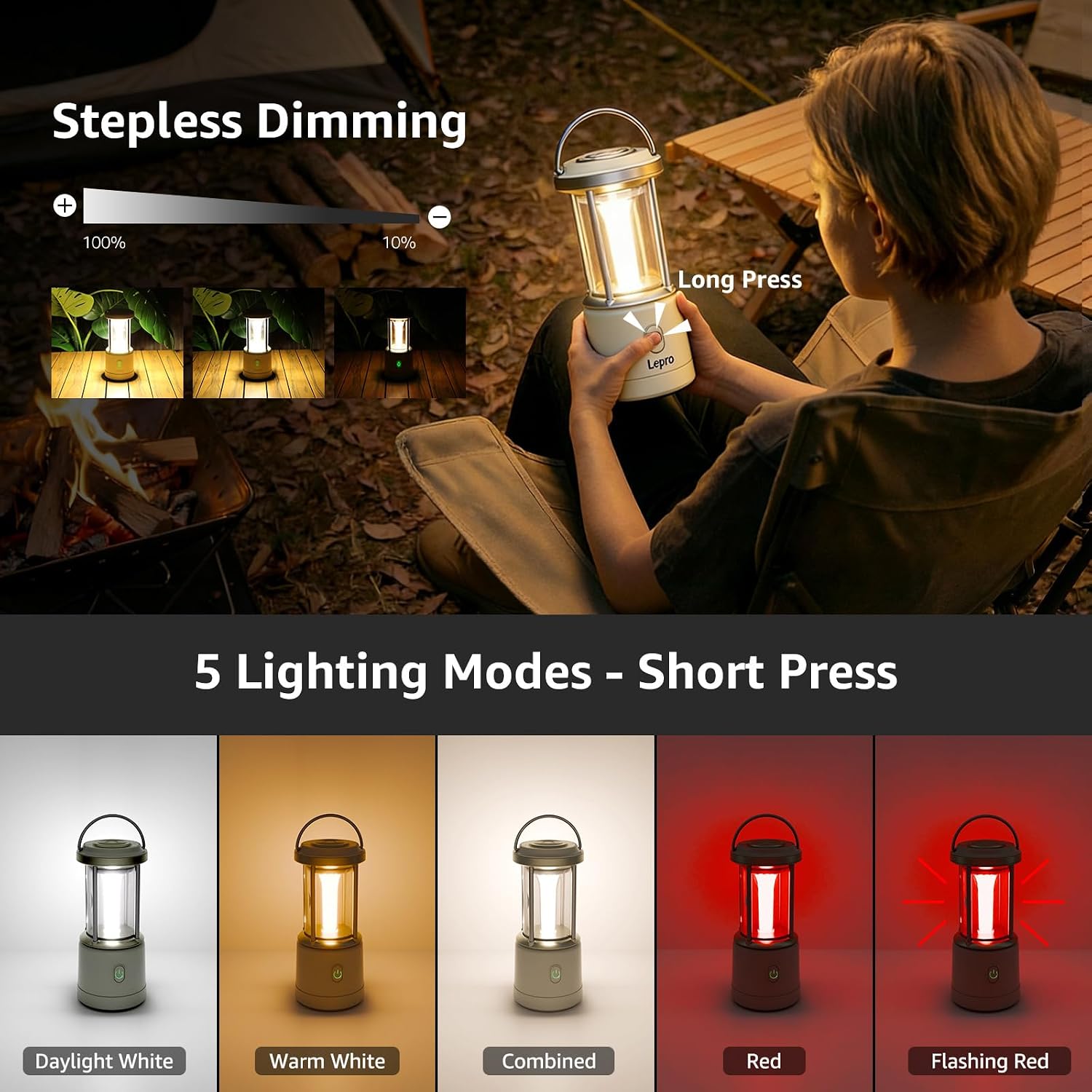 Detalle 2 de Lepro Camping Lantern (1100 Lumens) – AA Battery Powered, Dimmable 5 Modes with Warm & Cool Light
