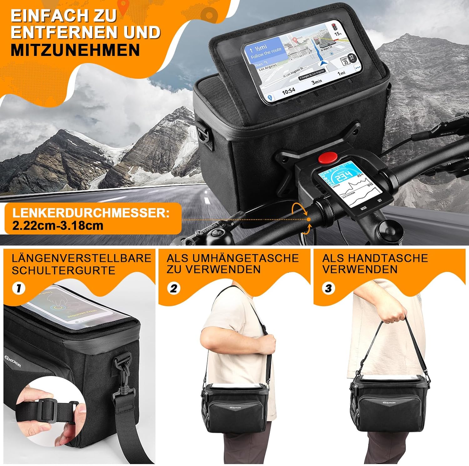 Detalle de GXCROR Lenkertasche Fahrrad 5.5L – Wasserdicht, Touchscreen-Handyhalterung & 3-in-1 Montage