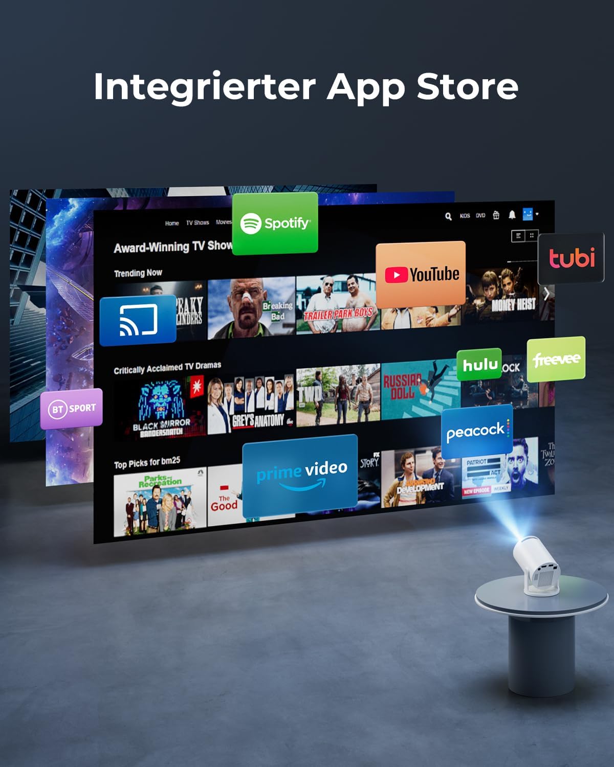 Detalle de Mini Beamer 4K Unterstützt – 2026 Neuer Beamer mit Android 14, 20.000 Lumen, WiFi 6, 180° Dreh, Kurzdistanz