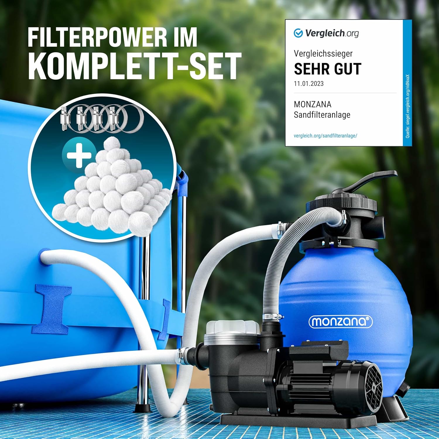 Thumbnail 2 de MONZANA® Sandfilteranlage SF96K 9.600 L/h für Pools bis 30.000 L inklusive Filterbälle, 7-Wege-Ventil, 2-in-1 Adapter Ø32-38 mm, 400 W