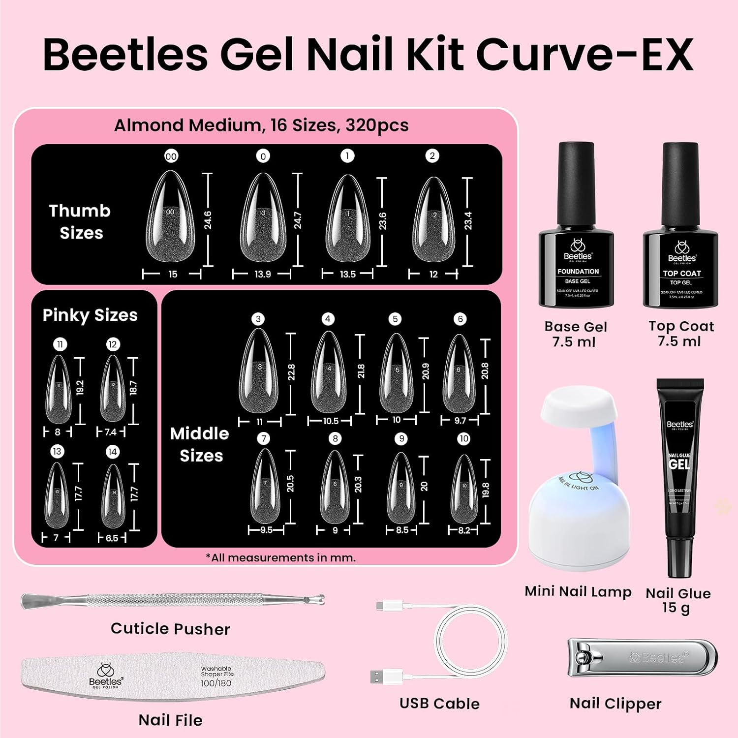 Thumbnail 4 de Beetles Curve-EX Almond Medium Nail Tip Kit, 320 Tips, Glue Gel & Mini Lamp