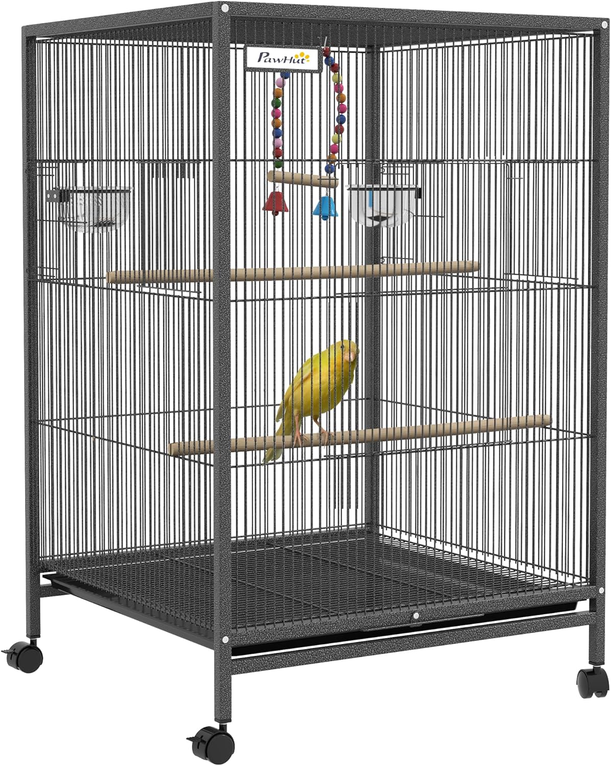 PawHut Cage à Oiseau sur Pied – Volière 48 x 46 x 78 cm en Acier Noir, avec balançoire et perchoirs