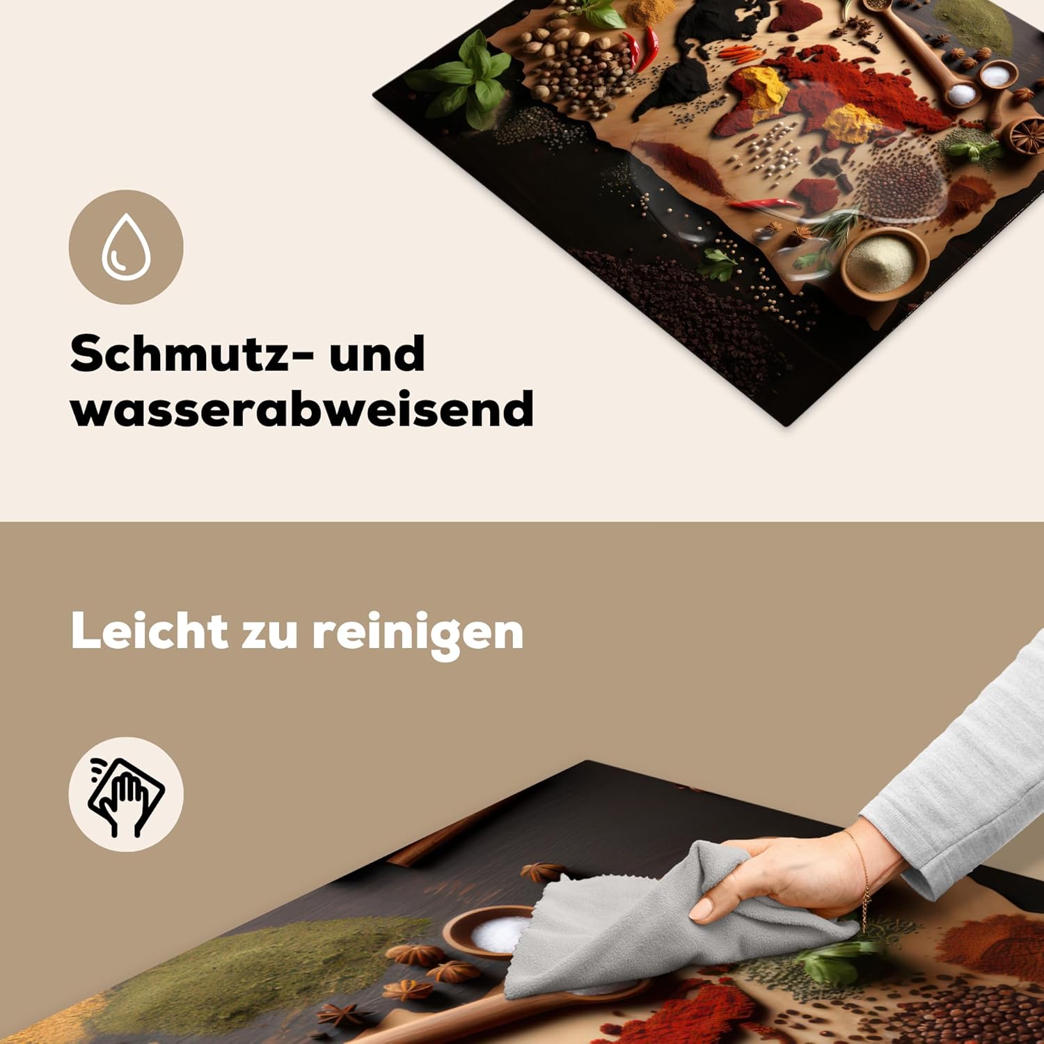 Thumbnail 3 de KitchenYeah Herdabdeckplatte Induktion - 59x51 cm Braun mit Welken-Kräuter-Weltkarte Fotodruck