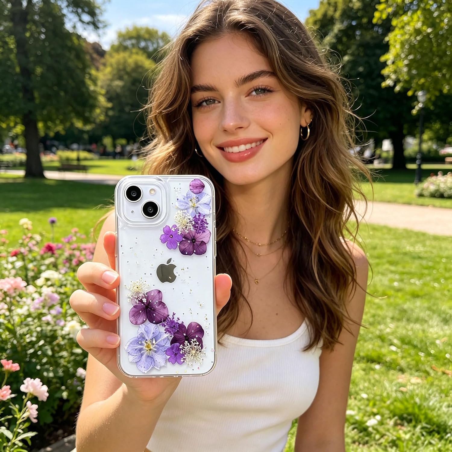 Thumbnail 3 de Abbery Flower-14 iPhone 14 Case, Clear TPU with Pressed Flowers and Glitter