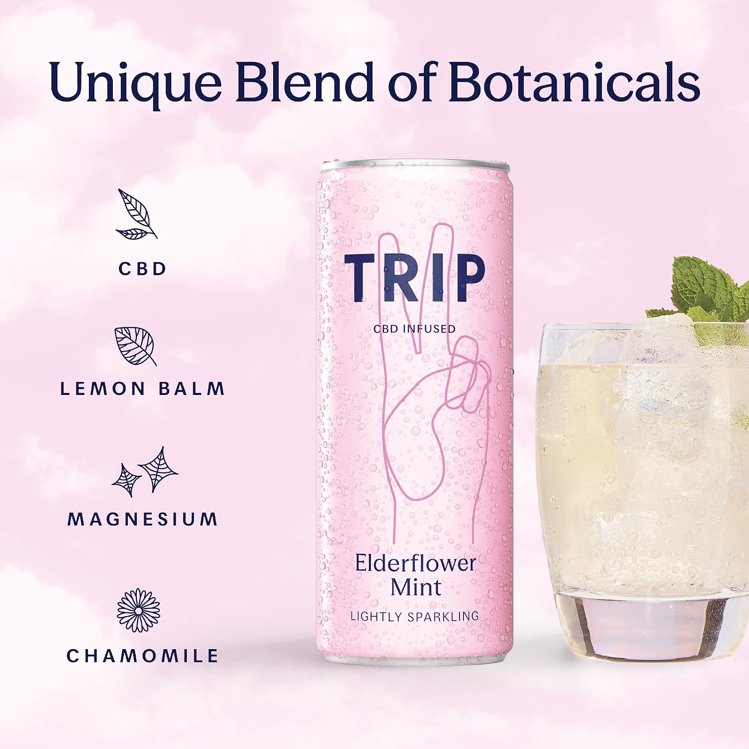 Detalle de TRIP Sparkling Drink, Elderflower Mint – Low Calorie, Vegan CBD Seltzer (12 pack)