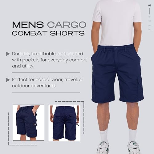 Detalle de LABEL APPAREL Mens Cargo Combat Shorts in Navy, Regular Fit, 6XL