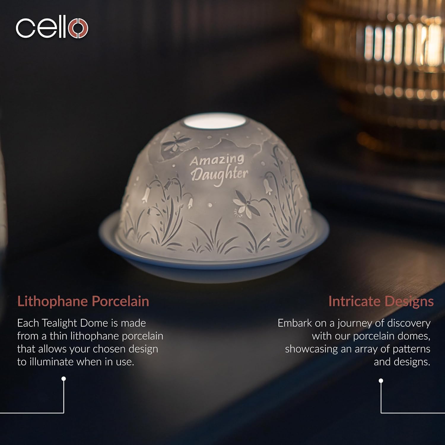 Thumbnail 1 de Cello Cello Porcelain Tealight Holder Dome – “Amazing Daughter” 3D lithophane dome LED tealight warmer