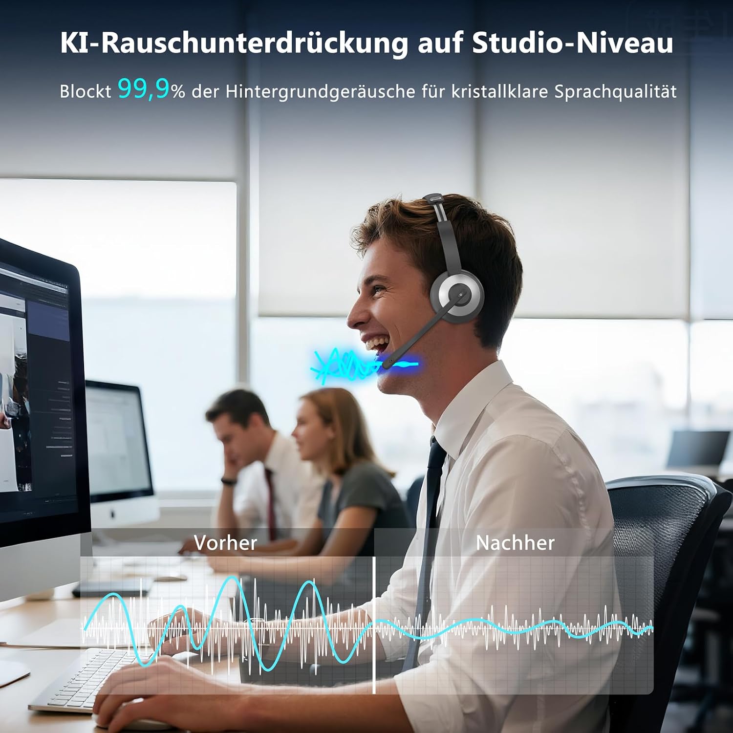 Detalle de Earbay Kabelloser Bluetooth Headset mit Mikrofon, USB-Dongle und Ladebasis – KI-Rauschunterdrückung (Bluetooth 6.0)