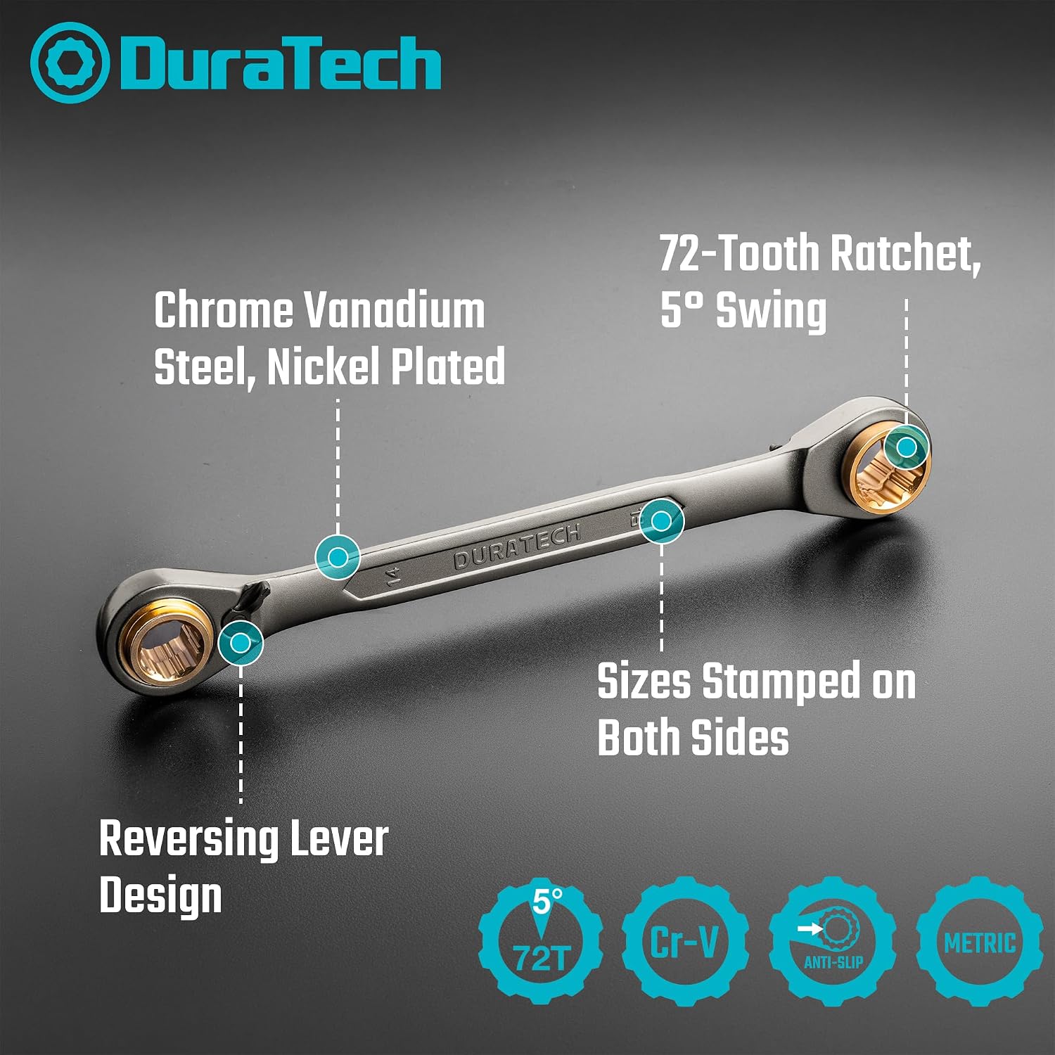 Detalle 2 de DURATECH 4-in-1 Reversible Ratchet Spanner Set, 8–19 mm, 72-Tooth, 2-Piece