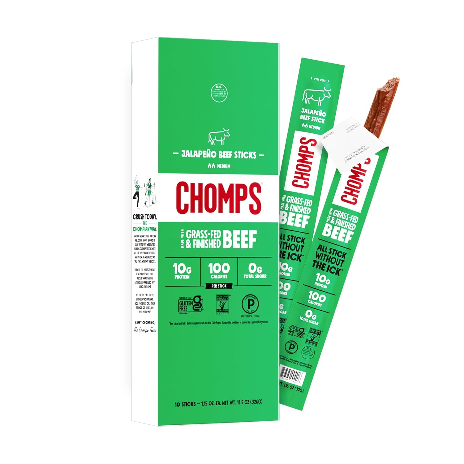 Detalle de Chomps Jalapeño Beef Snack Sticks, 10-Count, Grass-Fed, 10g Protein