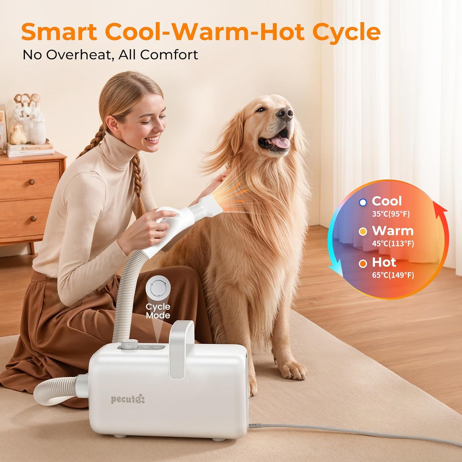 Detalle 2 de Pecute dog hair dryer for grooming – hot & cold cycle, variable speed and 4 nozzle attachments