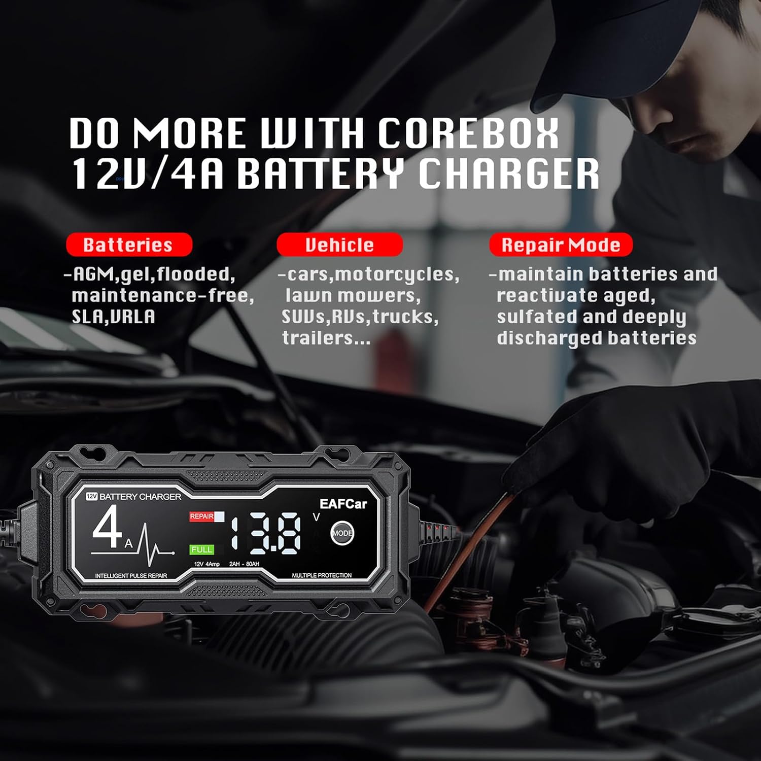 Detalle 2 de EAFCar 4A 12V Car Battery Charger: Intelligent Pulse Repair and Maintenance
