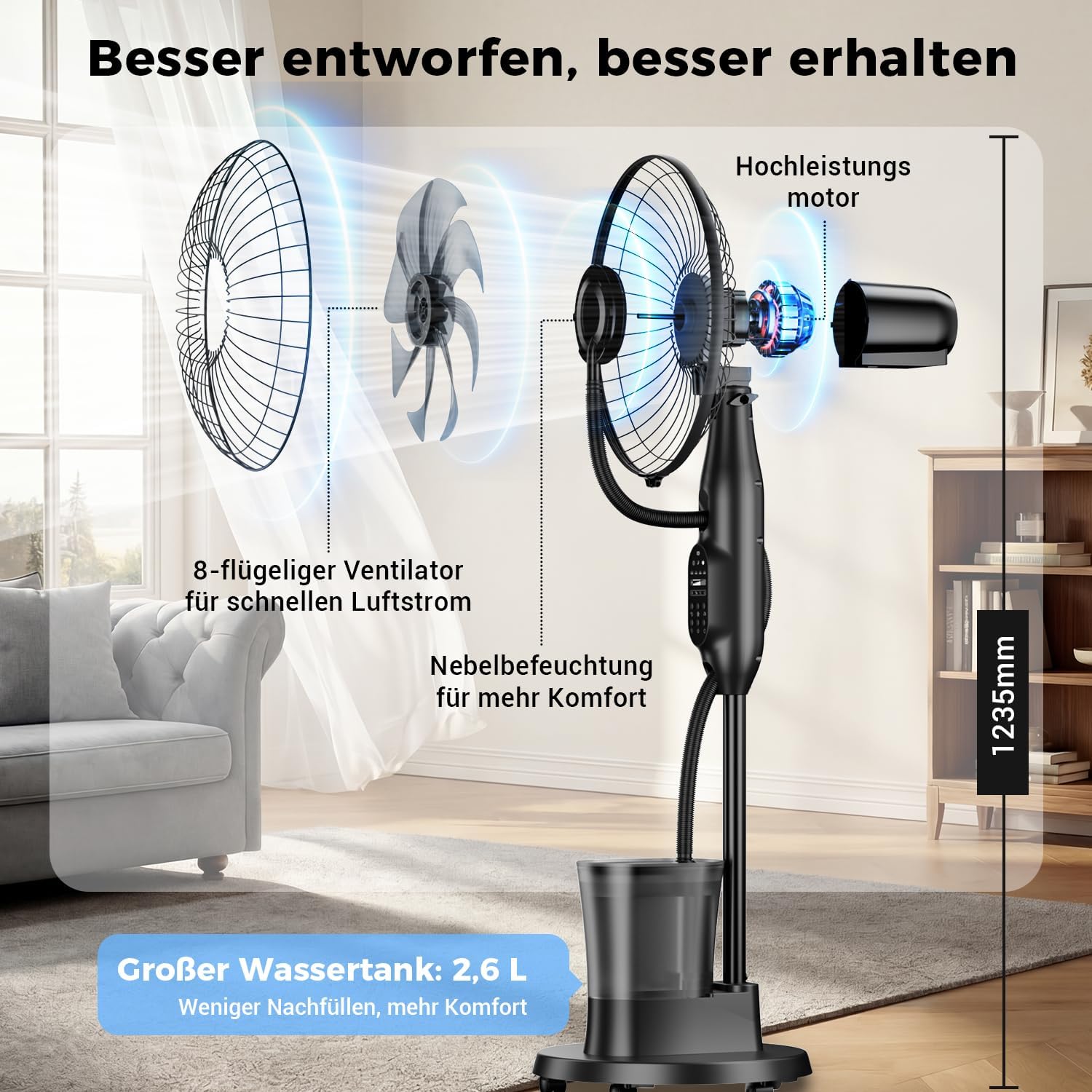 Thumbnail 6 de NebulaFlow Standventilator mit Wassersprüher – 3-in-1 Kühlung, Befeuchtung und Oszillation