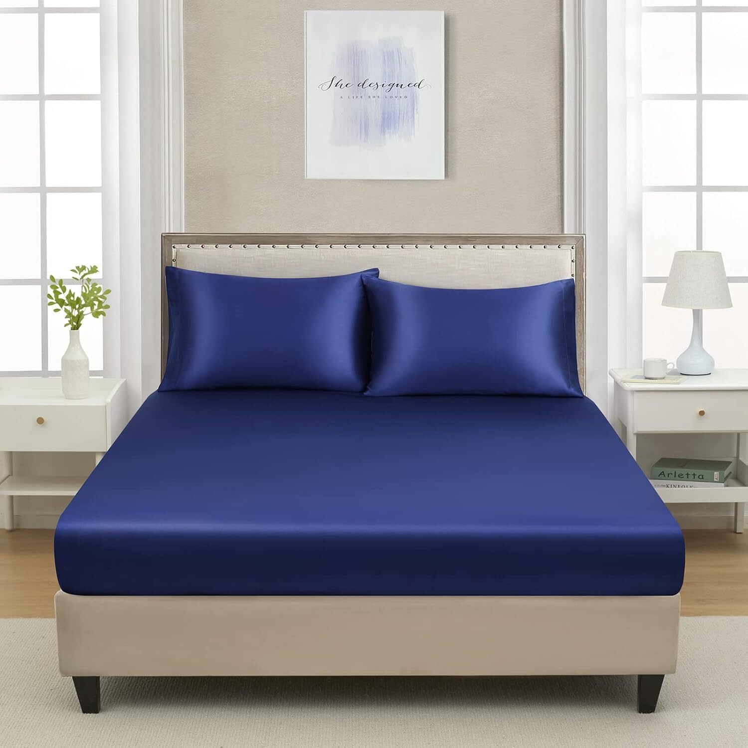 Detalle 2 de Drap Housse 180x200 cm Bonnet 30 cm Bleu Marine – Satin Microfibre, Respirant et Élégant