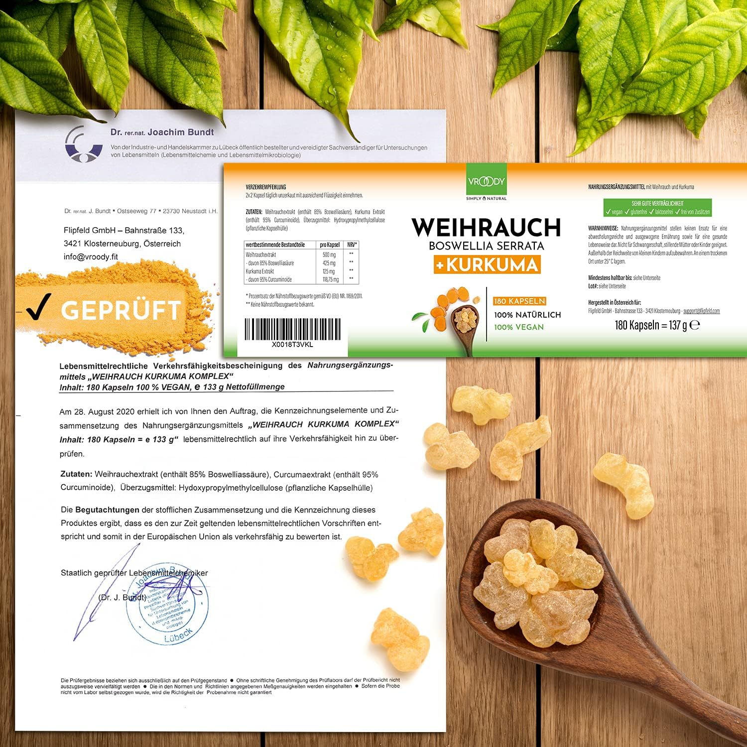 Detalle de 2x VROODY Weihrauchkapseln hochdosiert Boswellia Serrata 2000mg + Curcuma 125mg – vegan, ohne Zusätze, 2x180 Kapseln