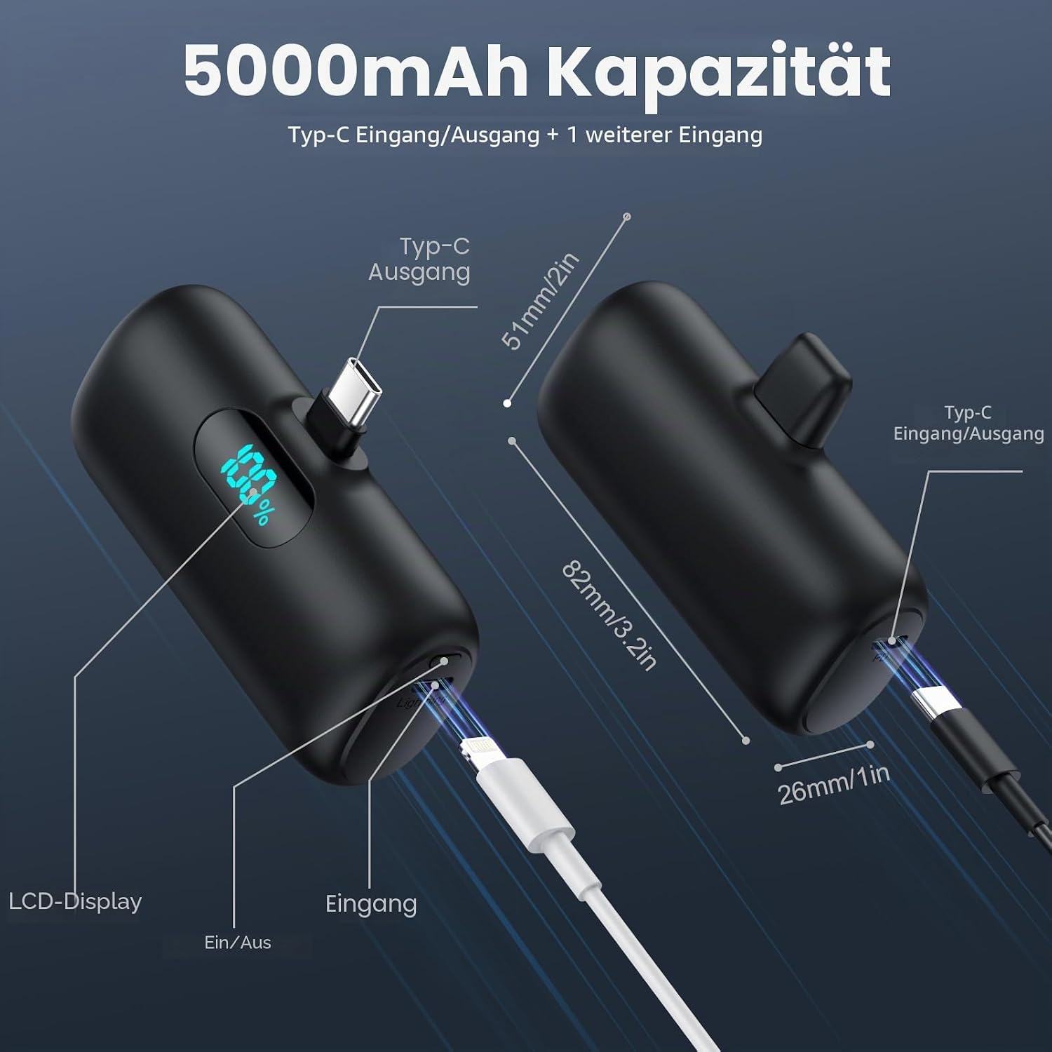 Detalle de Feob Power Bank USB C 5000mAh – 15W PD Schnellladung, kompakt mit LCD-Display