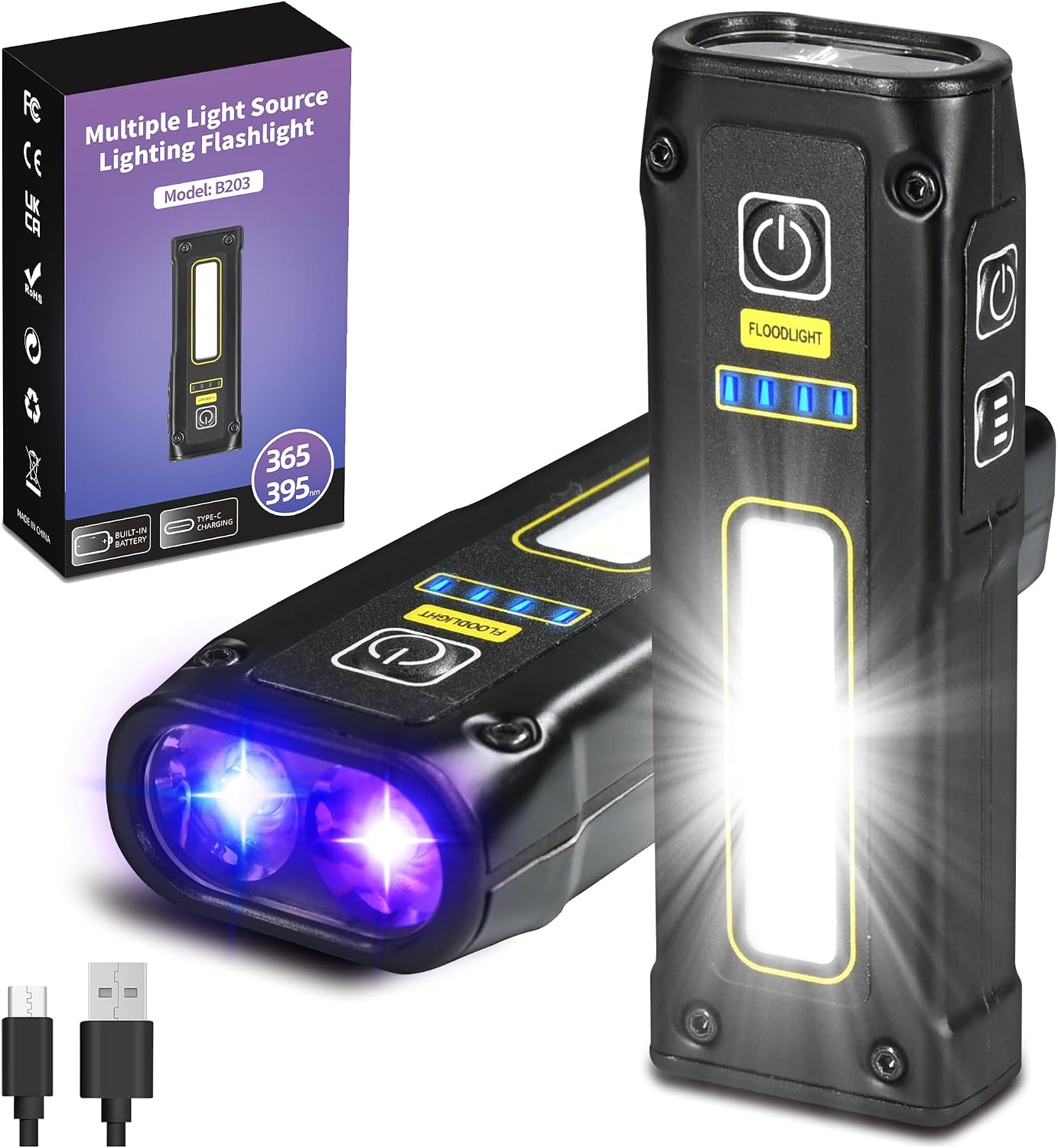 Detalle de DARKBEAM B203 UV-ficklampa med 365/395 nm, COB-ljus och magnetfot
