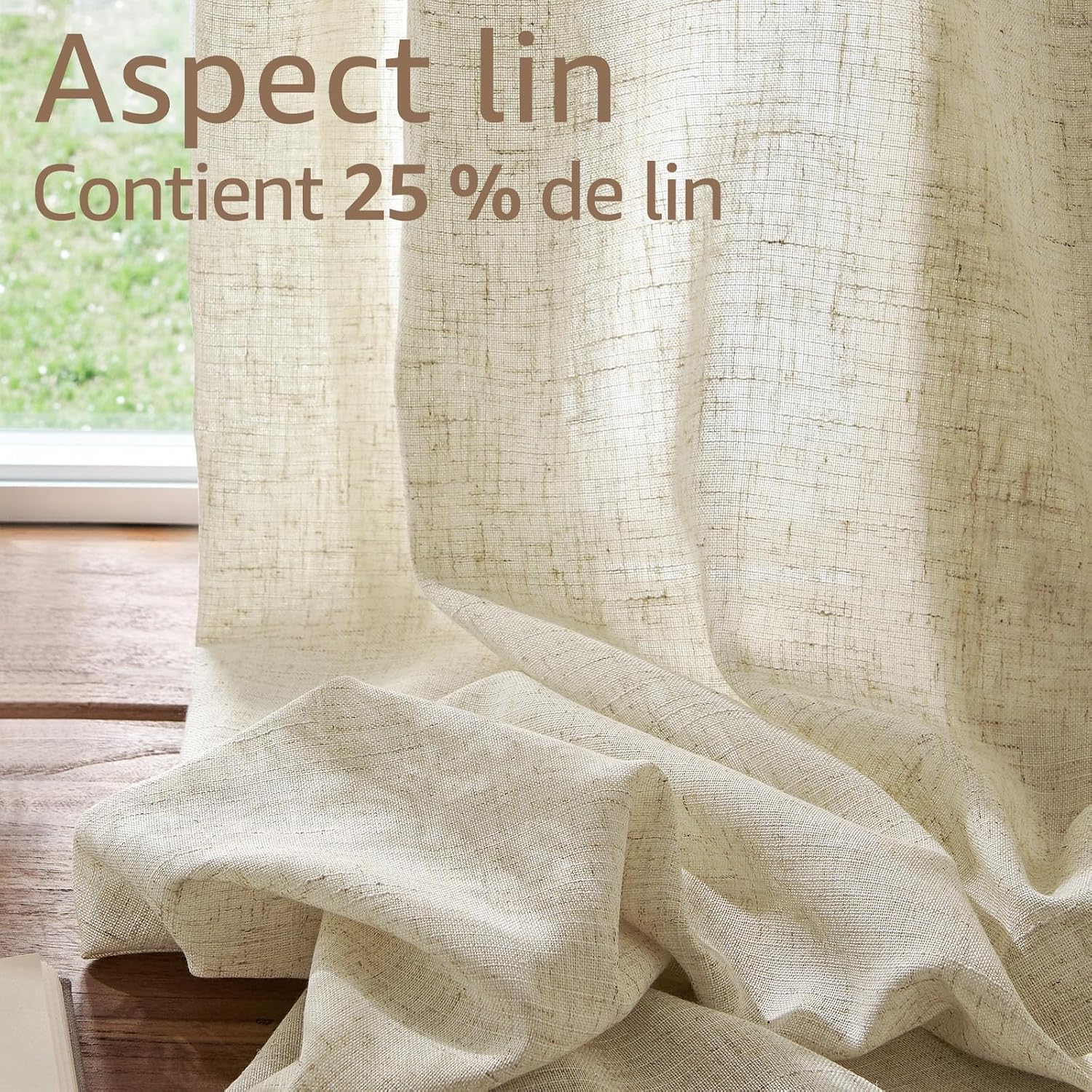 Detalle de TOPICK Rideaux Cuisine Court Brise Bise Beige 65L x 75H cm – 2 panneaux à passe-tringle