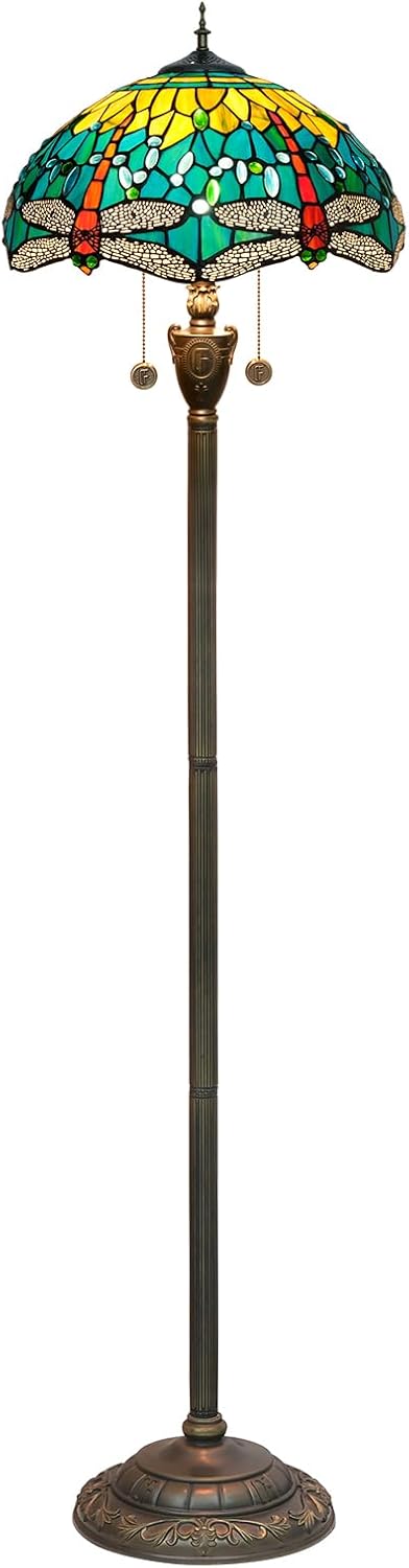 Thumbnail 3 de Blivuself Tiffany-style dragonfly floor lamp with stained glass shade and pull chain