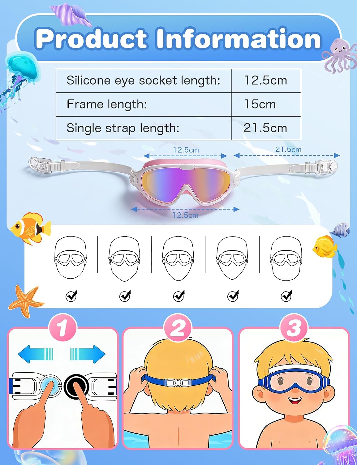Thumbnail 6 de FUSHI&MON Kids Swim Goggles (2 Pack) – Clear Vision, Soft Silicone Comfort and Leak-Proof Fit