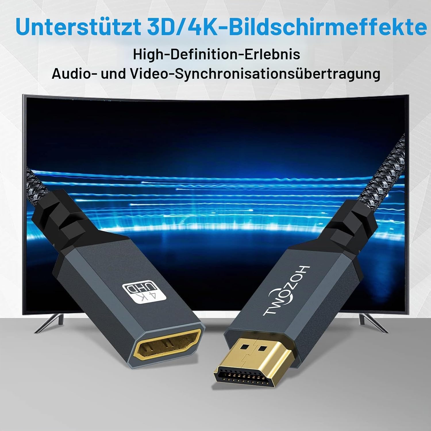 Detalle de Twozoh HDMI Verlängerungskabel 0,5 m – HDMI Stecker auf HDMI Buchse, 24K vergoldete Kontakte, 4K/3D kompatibel