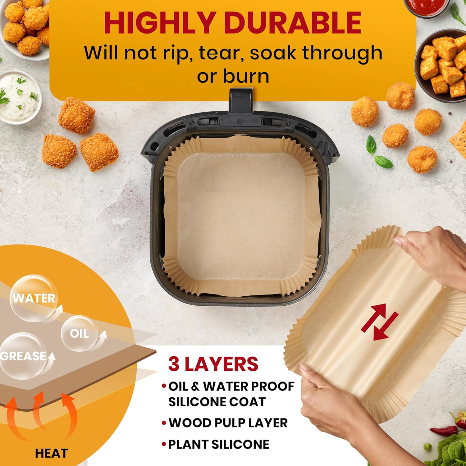 Thumbnail 3 de Baker's Signature Air Fryer Liners (50 Pack, 6.5" Square) – non-stick, oil-proof disposable liners