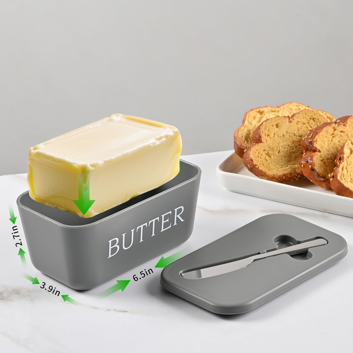 Thumbnail 2 de Plastic Large Butter Dish With Lid — Grey, BPA-Free PP, Includes Stainless Steel Butter Knife