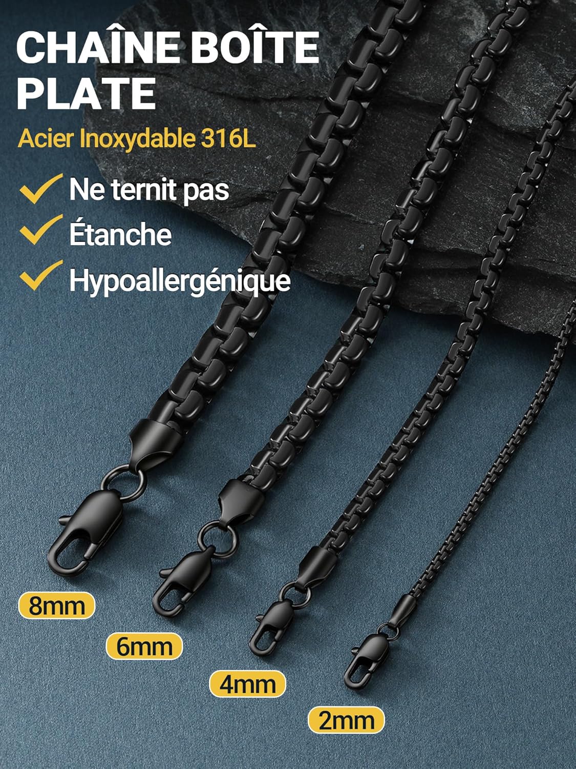 Thumbnail 4 de Collier chaîne acier inoxydable noir PROSTEEL (2/4/6/8 mm) en 316L, longueurs 36 à 76 cm