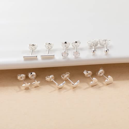 Thumbnail 6 de PABBEU 6 Pairs Sterling Silver Stud Earrings – Star, Moon, Ball and Heart Designs