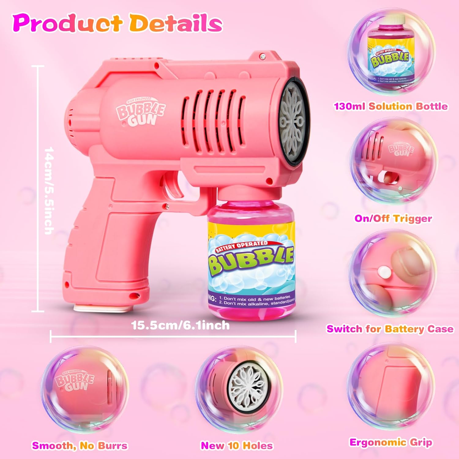 Detalle de Bombble Automatische Seifenblasenpistole – 10000 Blasen/Min, 130 ml Seifenblasenlösung, Pink