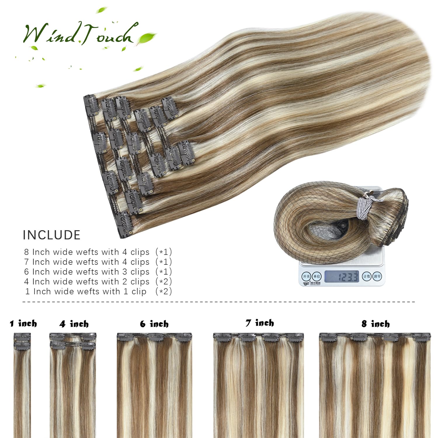 Detalle de WindTouch Clip-In Hair Extensions (Real Human Hair) Thick Ash Blonde to Platinum Blonde Highlights, 22 in, 120g (7 pieces)
