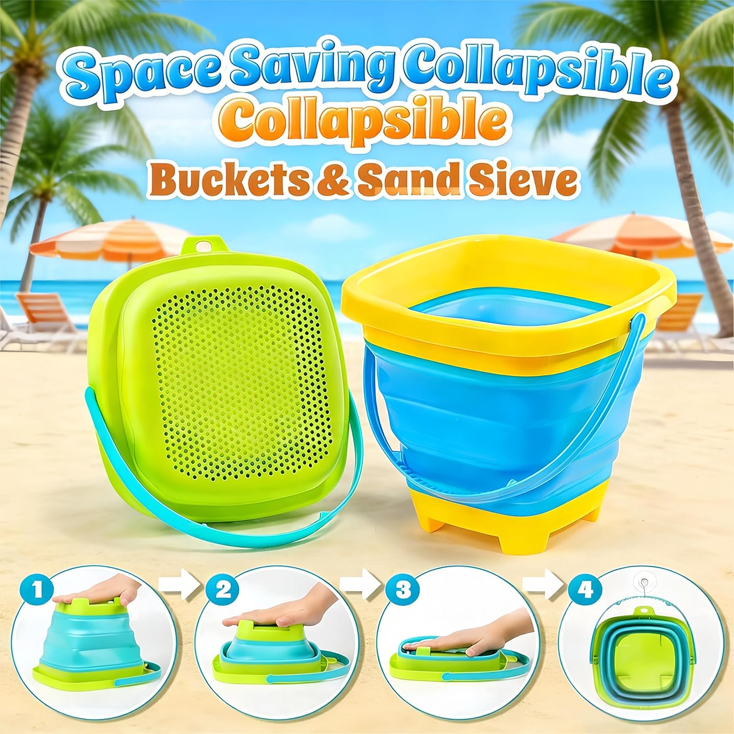 Detalle de FLEXTRIX Sandspielzeug-Set (19-teilig) mit faltbaren Eimern, Sieb und Strandformen – Strand- & Reisespielzeug ab 3 Jahren