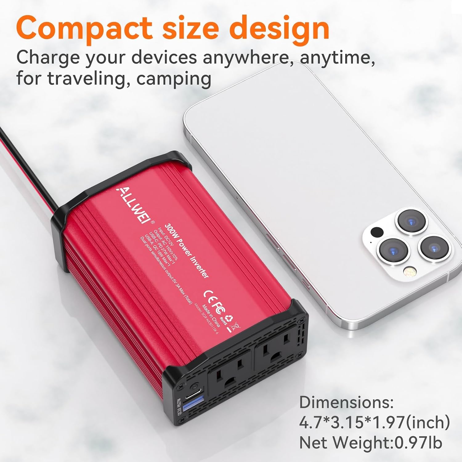 Detalle de ALLWEI 300W Car Power Inverter, 12V DC to 110V AC, Red