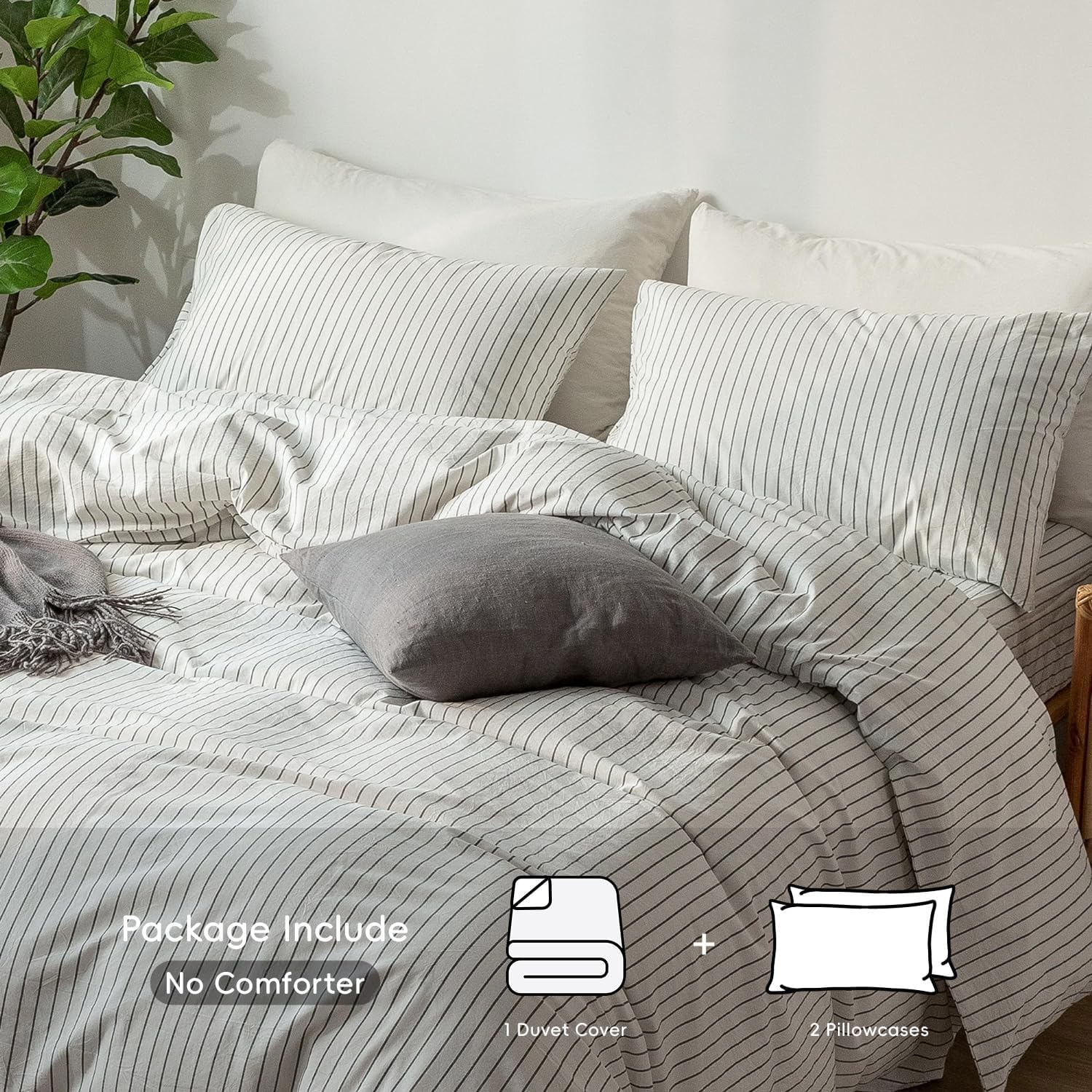 Detalle 2 de MooMee Striped Duvet Cover Set (100% Washed Cotton Linen-Like Texture) – White & Dark Grey, Full 80"x90