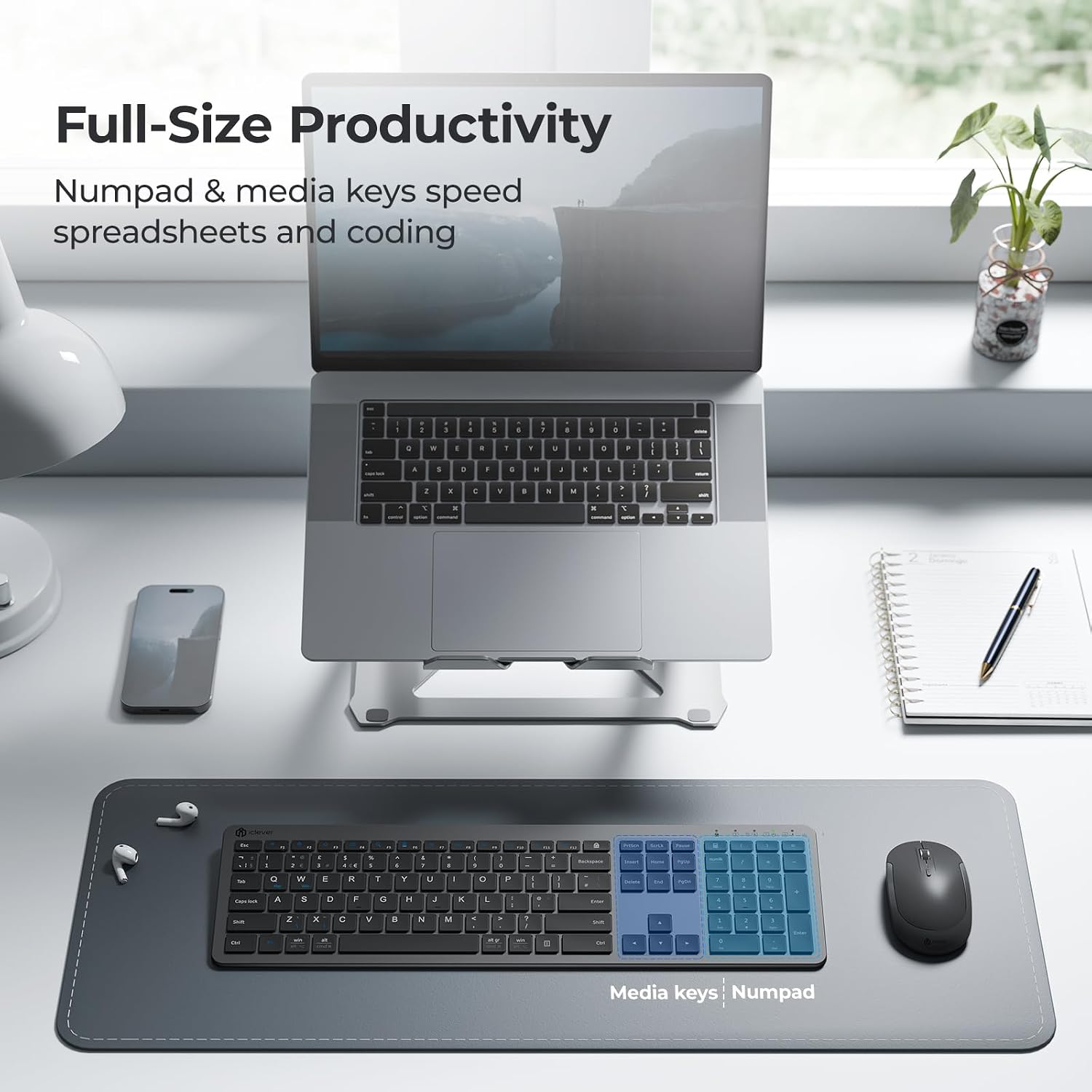 Detalle de iClever Wireless Keyboard and Mouse Set: Full-Size, Quiet, Rechargeable with Numeric Keypad