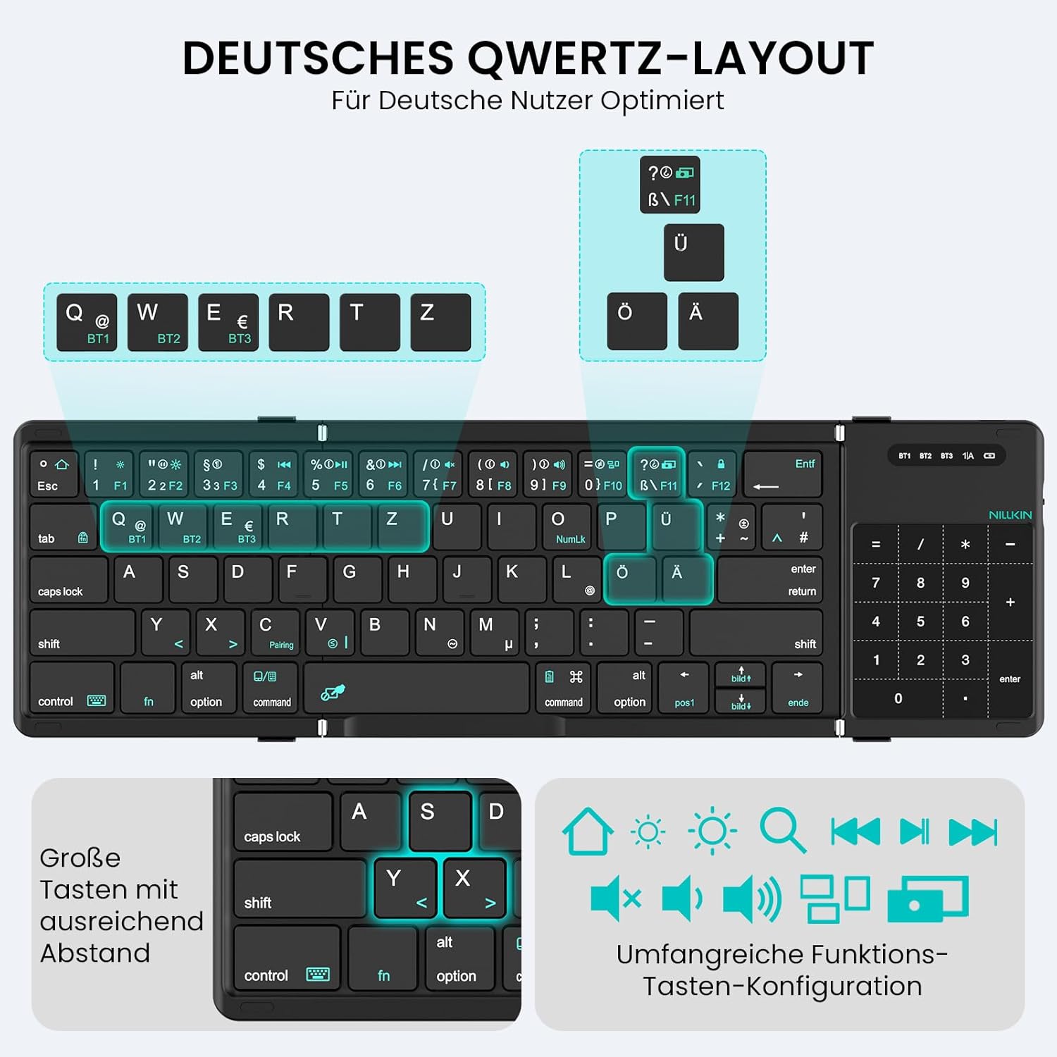 Thumbnail 2 de Nillkin faltbare Bluetooth-Tastatur mit Touchpad (QWERTZ, wiederaufladbar) – Mini-Klapptastatur für iPad/iOS, Android und Windows-Laptop