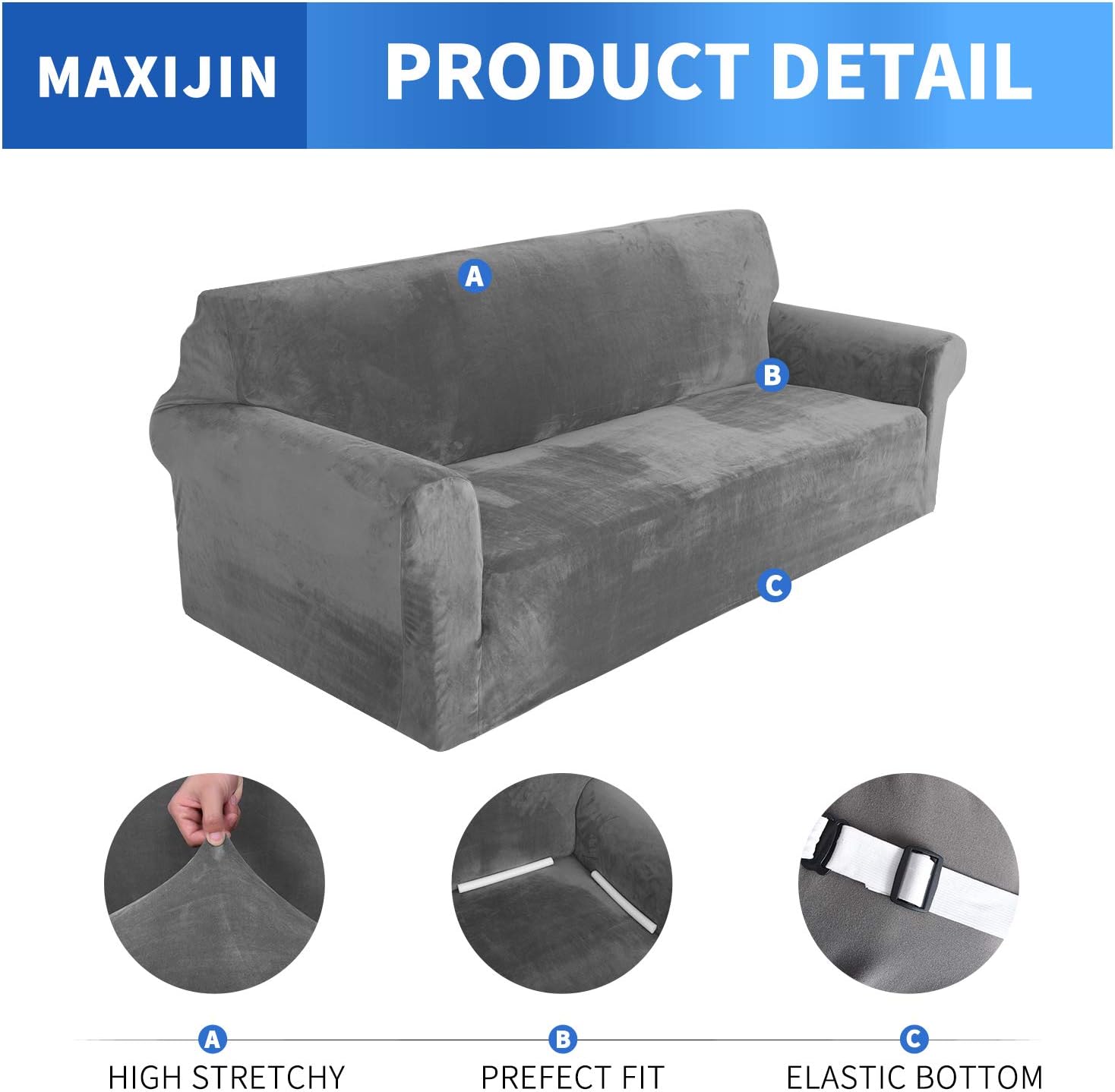 Thumbnail 2 de MAXIJIN Thick Velvet Loveseat Cover for 2-Cushion Couch, Grey, Stretch Fit