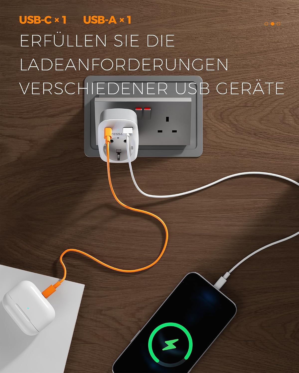 Detalle de TESSAN 2er Pack Reiseadapter England Deutschland – 3-in-1 UK Stecker mit USB-C und USB-A, 3250 W, kompakt