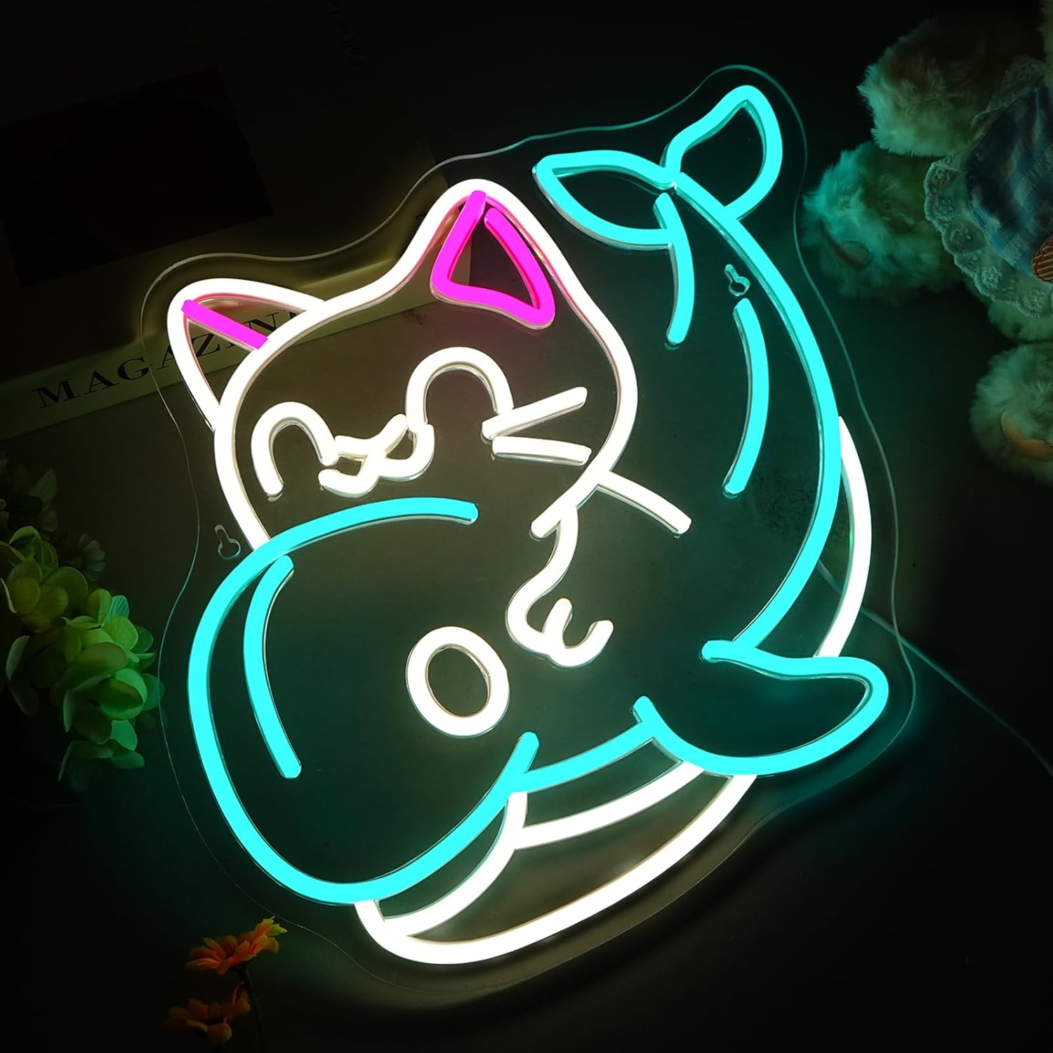 Thumbnail 1 de NOXET Kätzchen & Delphin Neon-Schild mit USB, blauem Nachtlicht für Schlafzimmer und Kinderzimmer