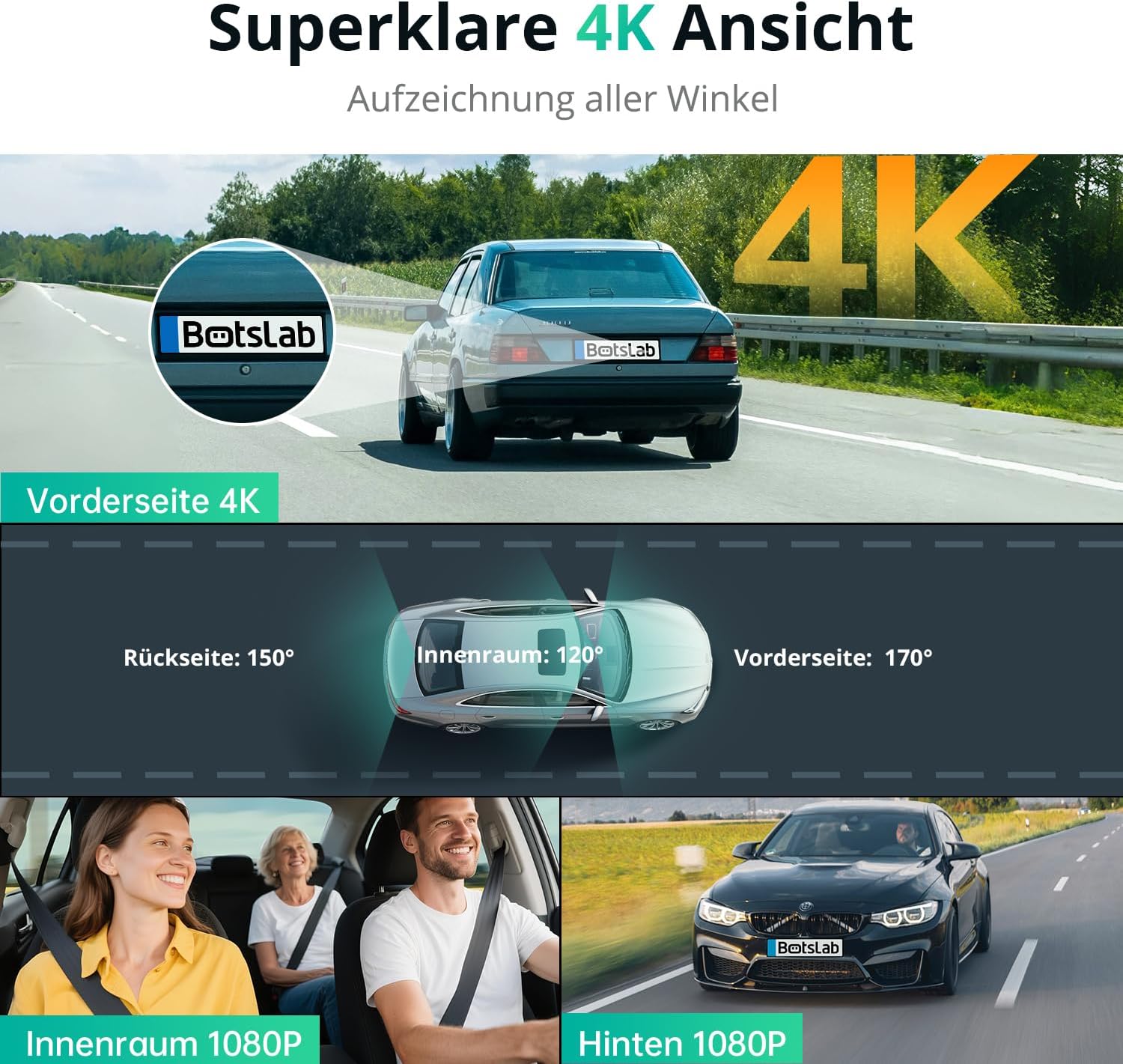 Thumbnail 1 de BOTSLAB 4K 3-Kanal Dashcam Auto mit Parküberwachung, GPS und 128 GB SD Karte – Front 4K, Innen- und Heck 1080p