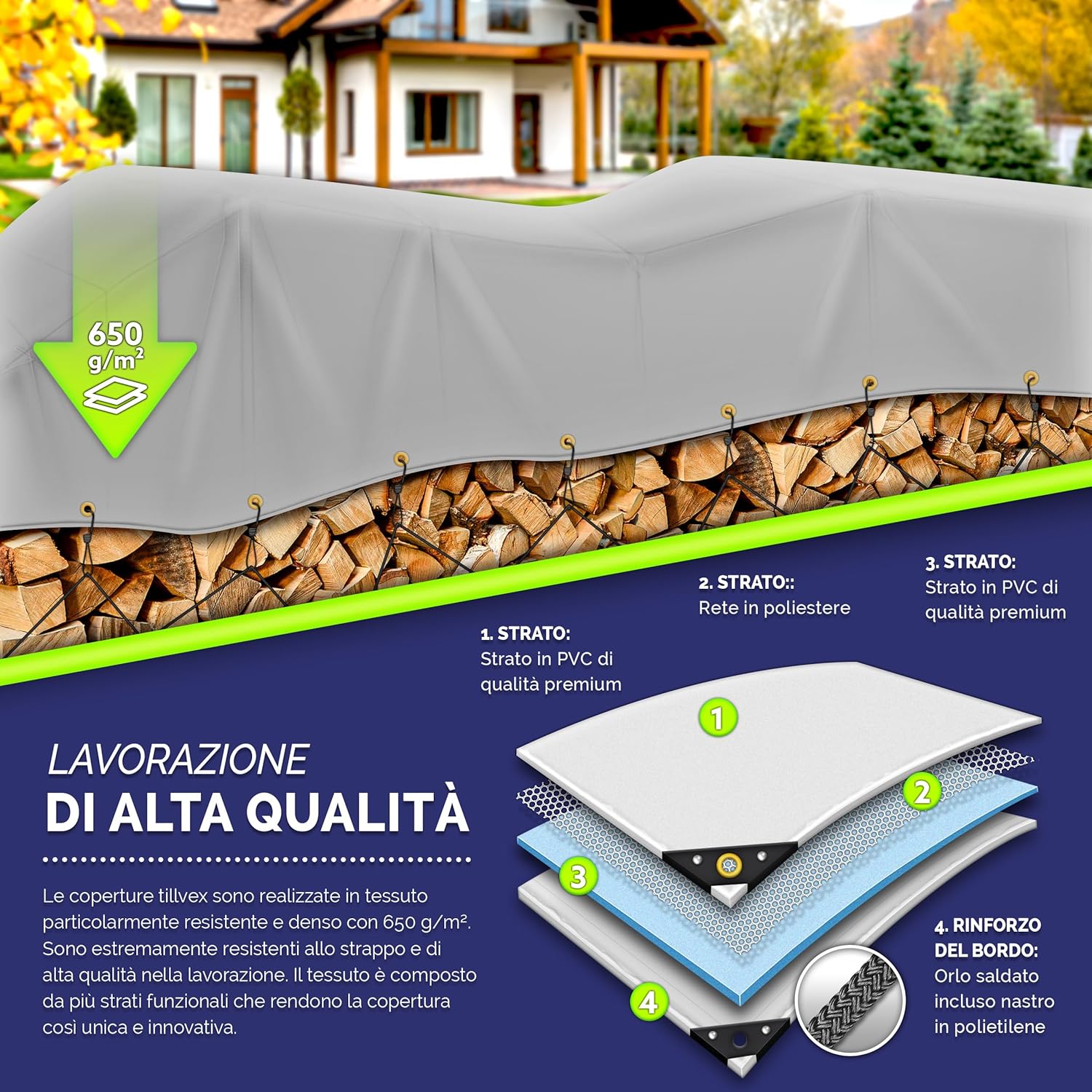 Thumbnail 2 de Tillvex telone di copertura con occhielli + 10 elastici e corda da 15 m, PVC 650 g/m²