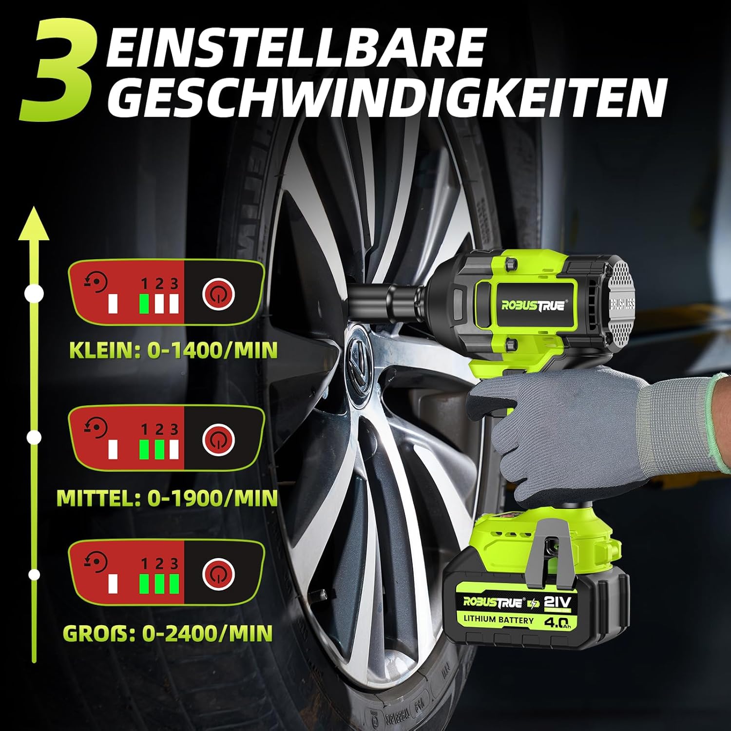 Thumbnail 4 de Robustrue 1100 N.m Clé à Chocs Sans Fil Brushless 1/2'' — kit 21V 4.0Ah, 4 douilles et accessoire