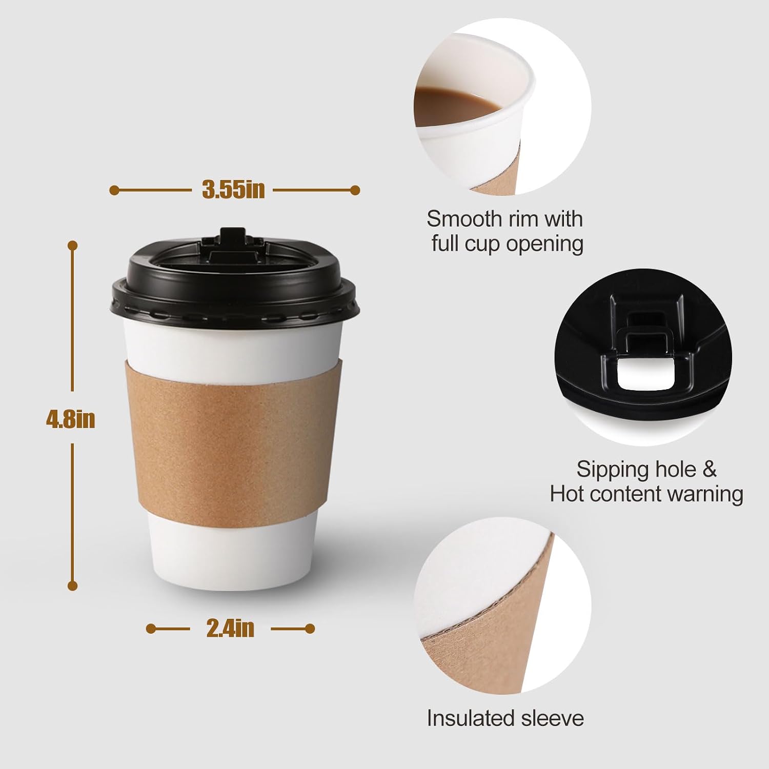Detalle 2 de WUHUIXOZ 3 12 oz Paper Coffee Cups with Lids and Sleeves