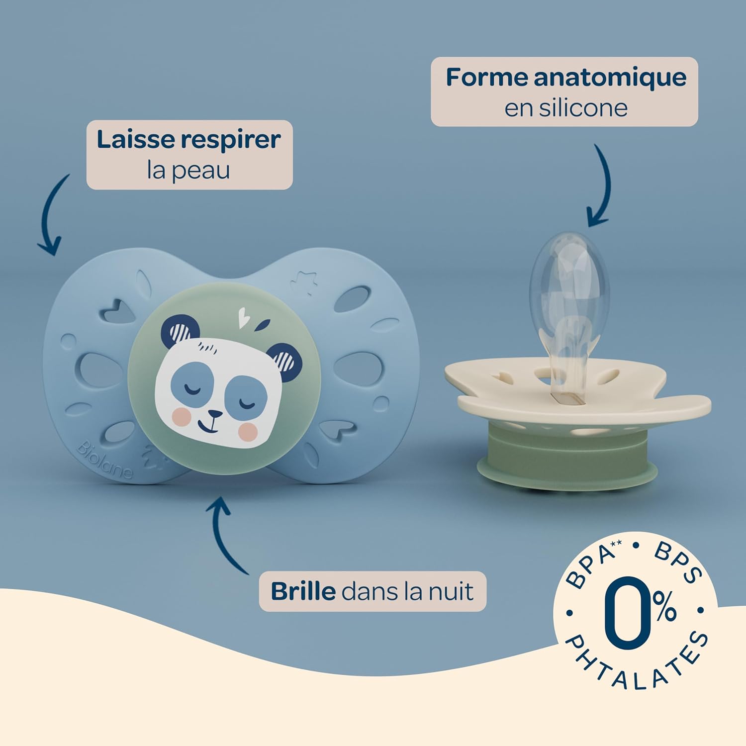 Thumbnail 3 de BIOLANE - Tétines anatomiques de nuit: sucettes phosphorescentes extra-fines, 18 mois et +, bleu/beige