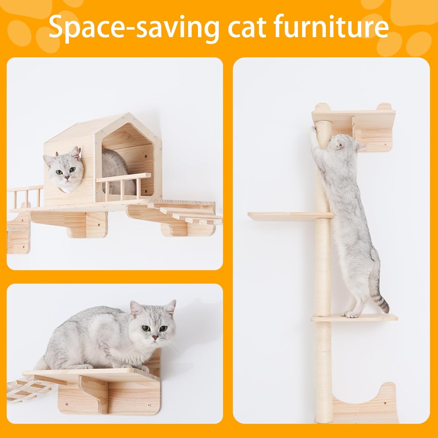 Detalle de Cat Wall Furniture for Indoor Cats: Wooden Climbing Set with House, Bridge, Scratching Posts and Steps
