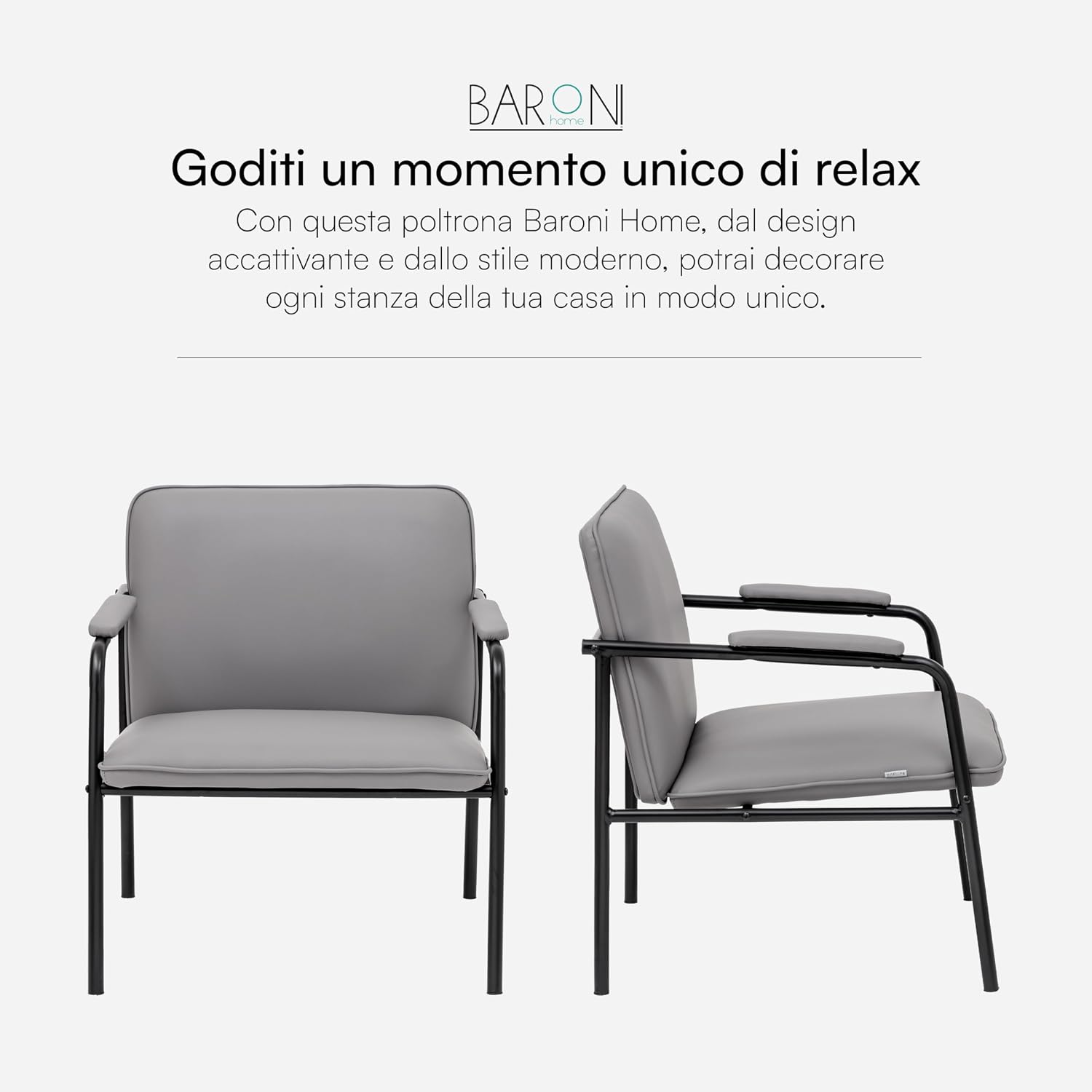 Thumbnail 5 de Baroni Home Poltrona in ecopelle con struttura in ferro design vintage grigia, seduta relax per salotto e ufficio (78x59x64 cm)