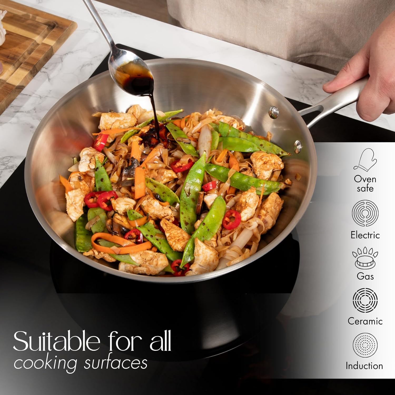 Thumbnail 6 de nuovva Stainless Steel Wok Non Stick – Induction Deep Stir Fry Pan, 28cm with Glass Lid