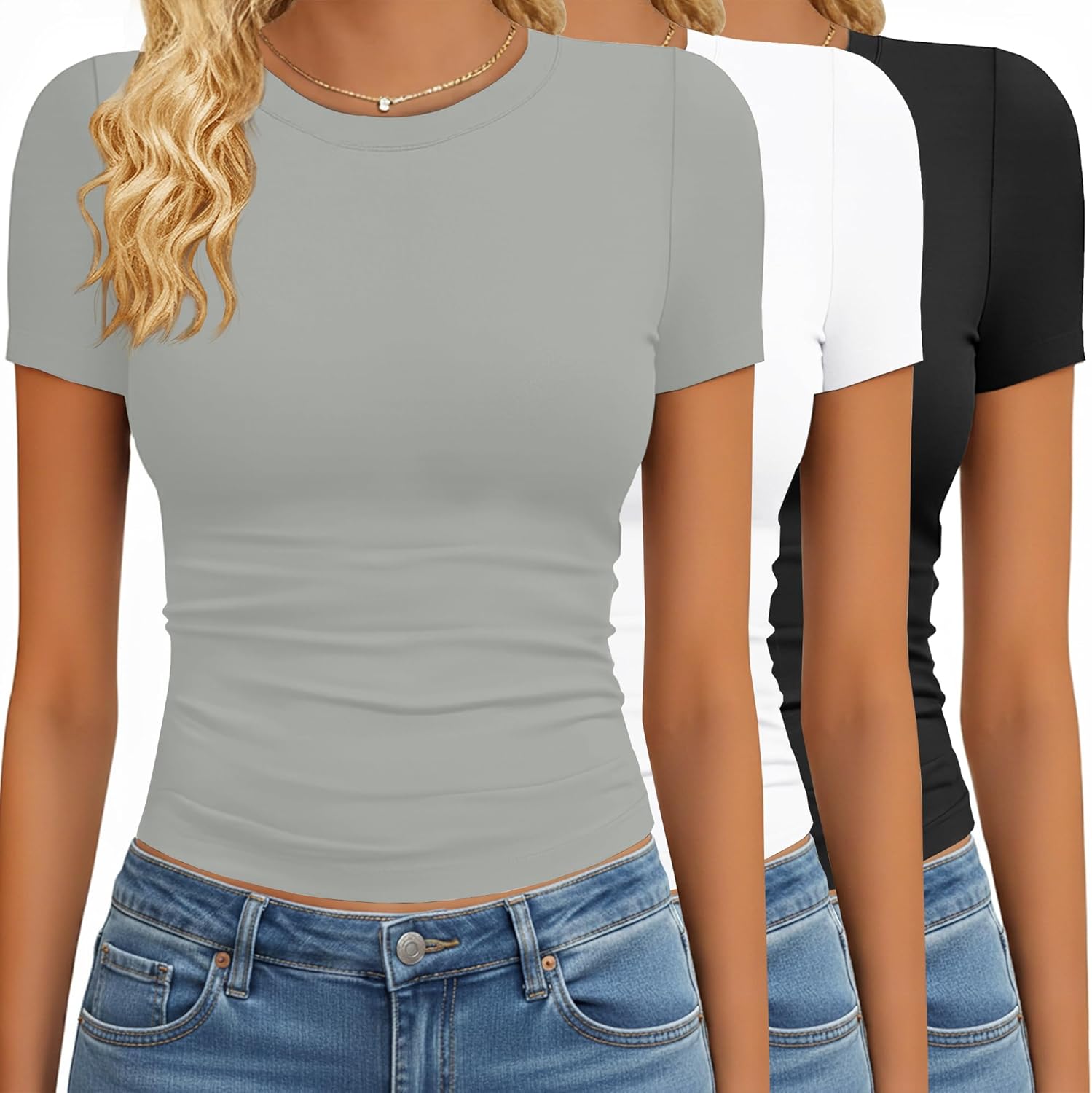 Detalle de GAYHAY 3-Pack Basic Tees for Women (Crew Neck Slim Fit, Roll-Up or Full-Length)