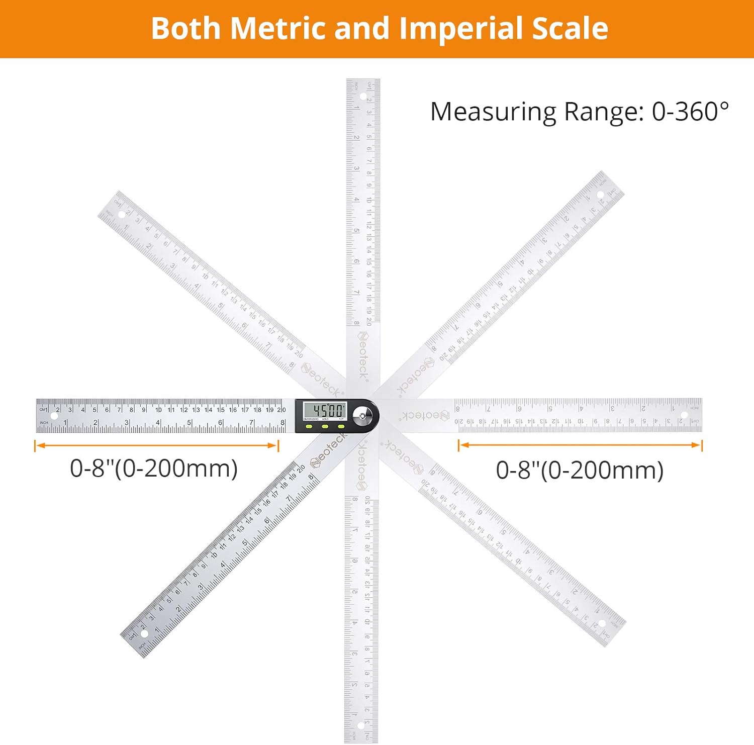 Detalle de Neoteck 8 inch Digital Angle Finder Ruler – Stainless Steel Inclinometer with Data Hold
